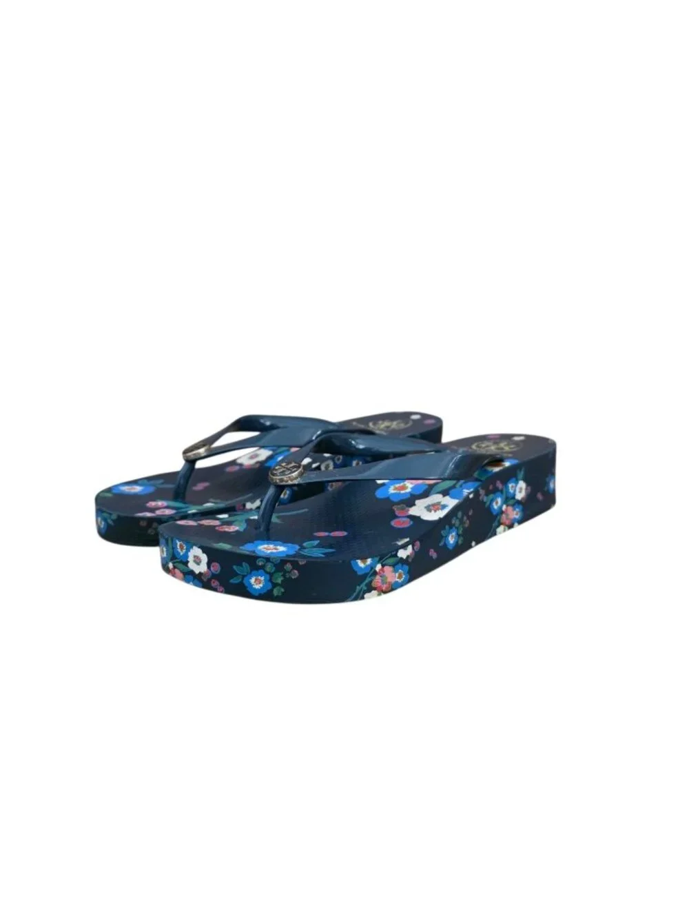 Tory Burch Floral Wedge Flip Flop Sandals Navy 9